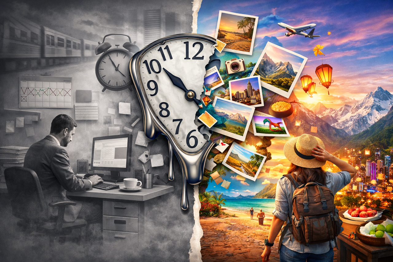 Split scene showing a repetitive daily routine fading into blur on one side and a vivid travel experience filled with colorful memories on the other, illustrating how novelty expands perceived time.