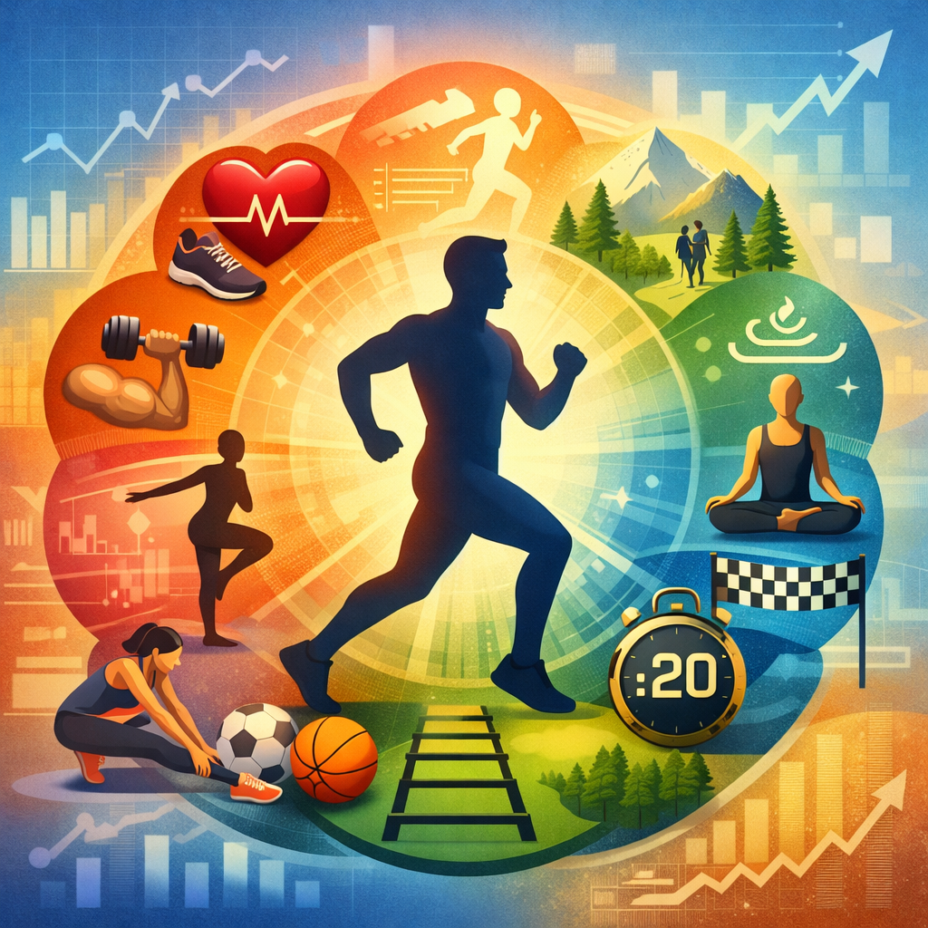 Illustration showing exercise as a diversified portfolio, with a central human figure surrounded by icons for cardio, strength, balance, stretching, team sports, coordination, speed, outdoor movement, meditation, and performance