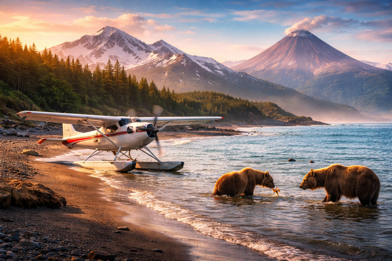Seaplane landing on a remote beach in Katmai National Park with grizzly bears fishing nearby, mountains and a volcano in the background at sunset in Alaska