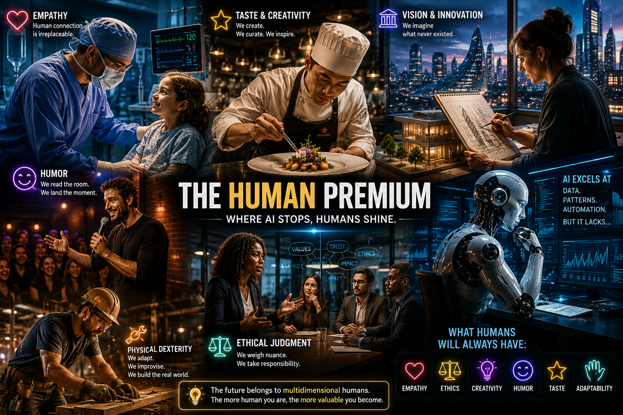 llustration showing humans and AI side-by-side: a pediatric surgeon comforting a child, a Michelin-star chef plating artistic cuisine, an architect sketching emotional spaces, a stand-up comedian making a crowd laugh, and an AI robot analyzing data screen