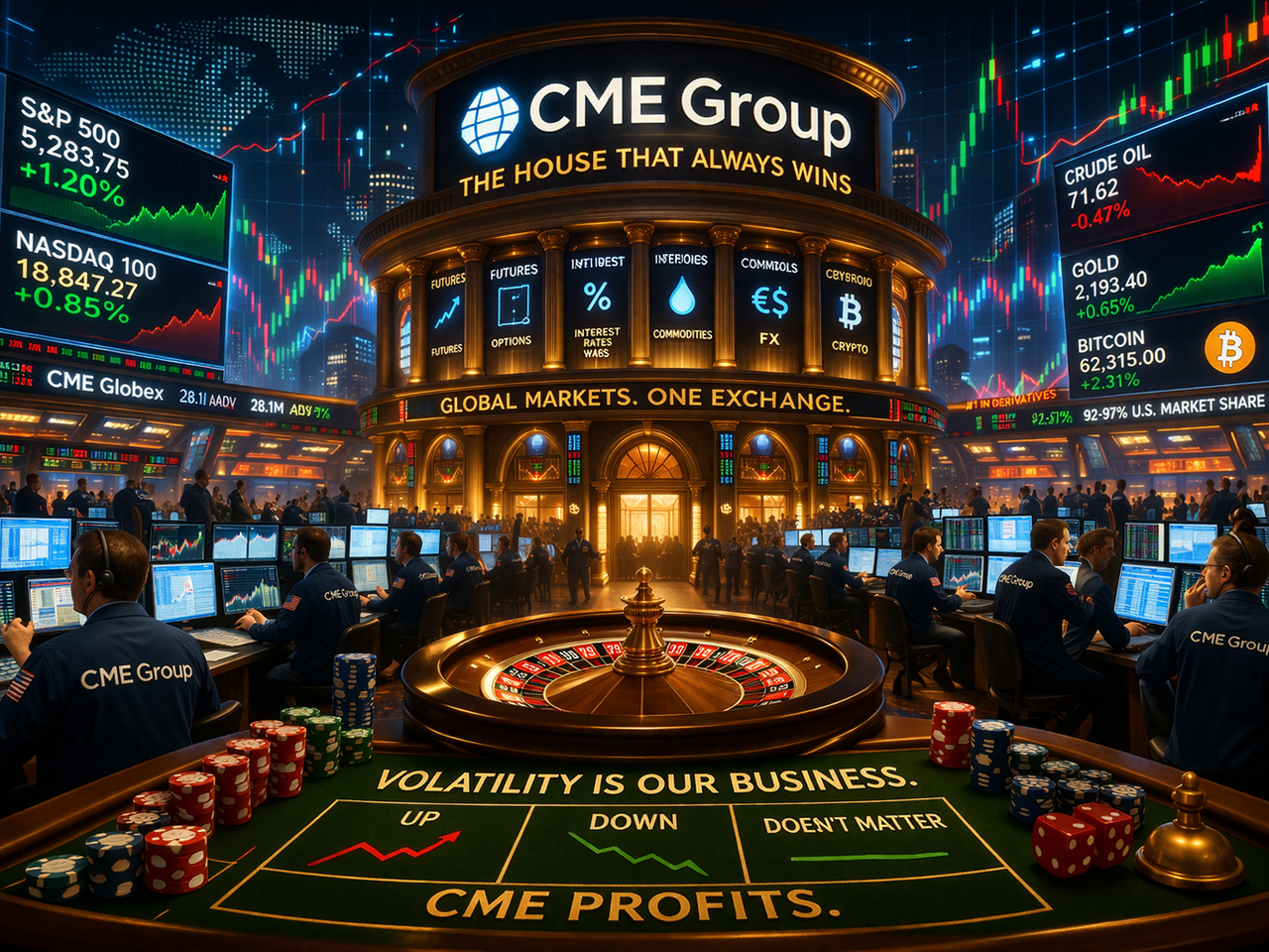 A casino-like financial trading floor with digital screens and market data, symbolizing CME Group’s dominance in global derivatives trading.