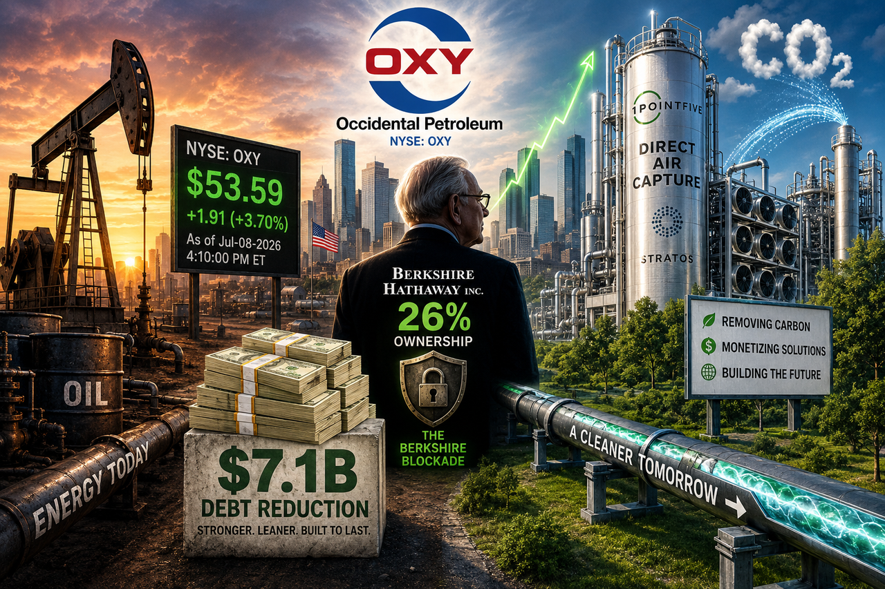 Illustration of Occidental Petroleum's transformation showing an oil rig, futuristic carbon capture towers removing CO₂ from the atmosphere, Warren Buffett's silhouette watching over a rising stock chart, and a bold NYSE OXY ticker