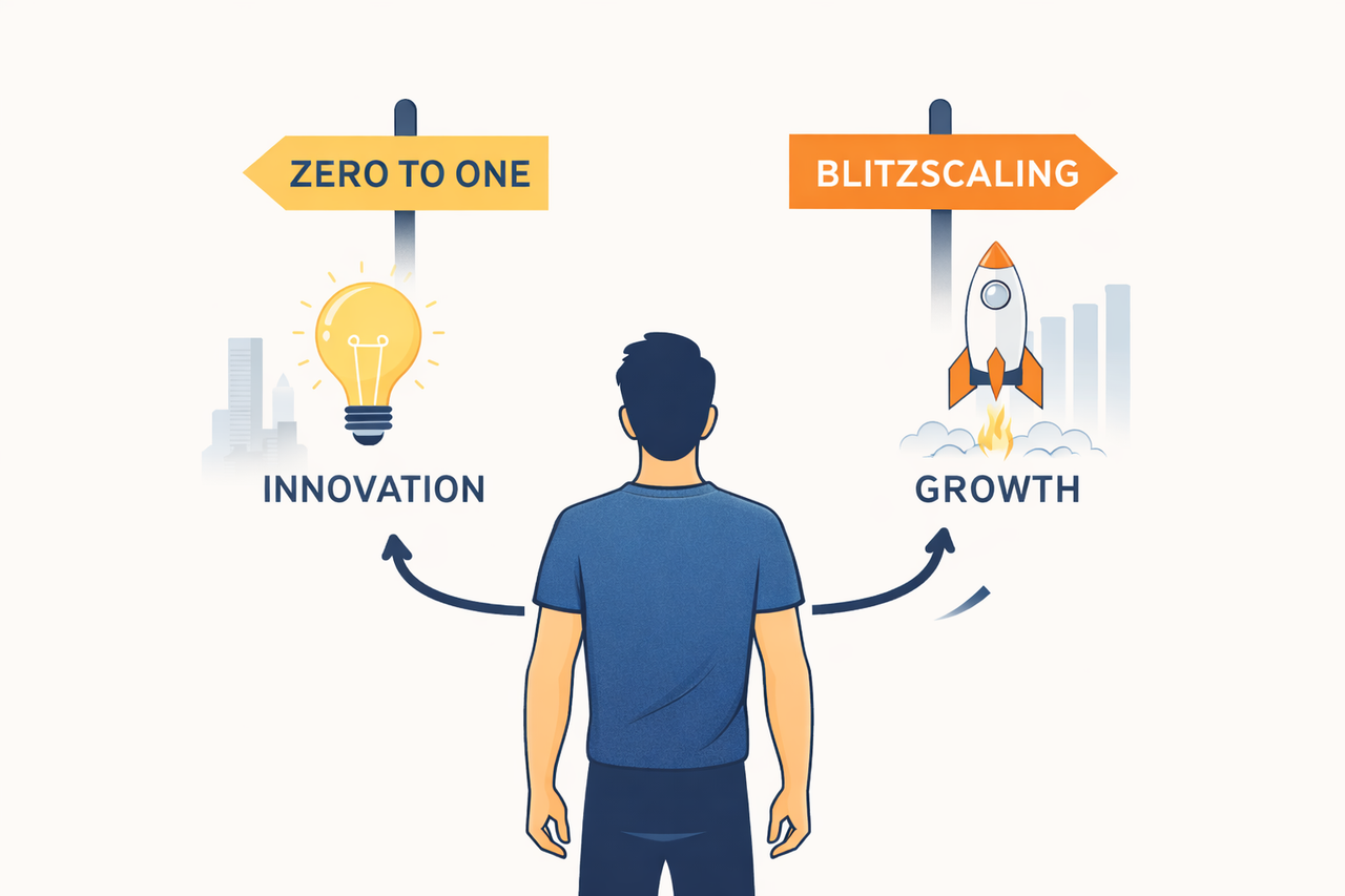 Minimal illustration of a startup founder choosing between innovation and rapid growth, symbolizing Zero to One and Blitzscaling philosophies.