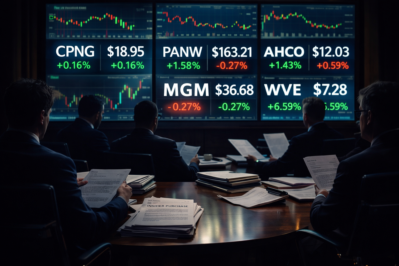 A cinematic boardroom scene with glowing stock tickers like MGM, PANW, AHCO, and CPNG on large screens, executives reviewing insider purchase filings, symbolizing high-conviction insider buying in April 2026.
