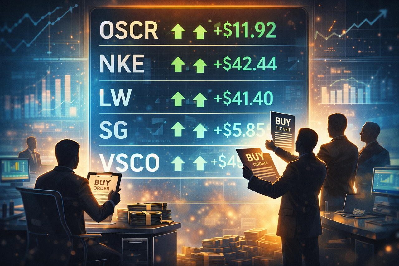 A stylized financial illustration showing executives and insiders placing large stock buy orders in front of a glowing market scoreboard featuring companies like OSCR, NKE, and LW, symbolizing major insider buying activity.