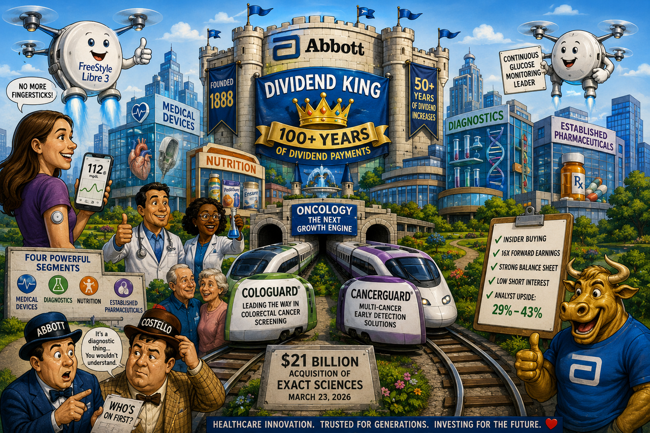 Illustration depicting Abbott Laboratories as a futuristic healthcare city with FreeStyle Libre glucose sensors, cancer diagnostics trains labeled Cologuard and Cancerguard, happy doctors and patients, and a giant Dividend King castle.