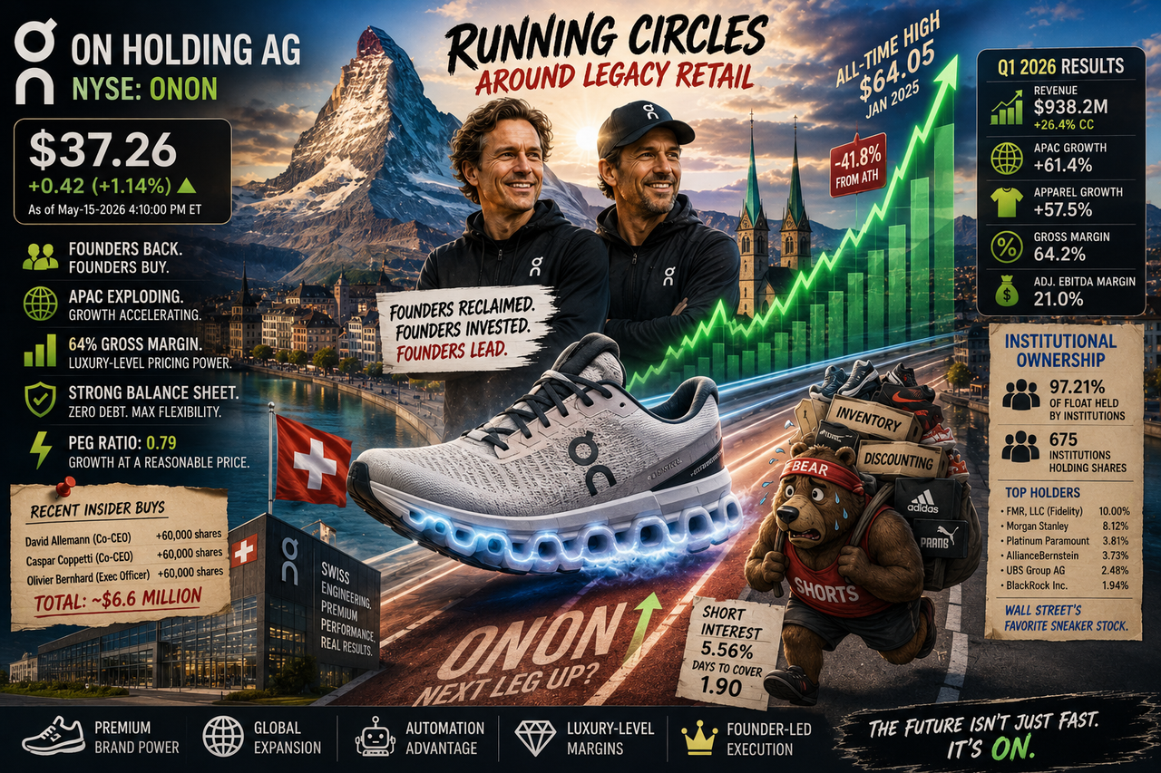 Cartoon-style image of futuristic On Holding running shoes racing across a glowing stock-market track above Zurich, while founders celebrate record earnings and APAC growth as legacy sneaker brands struggle behind them carrying heavy inventory bags.