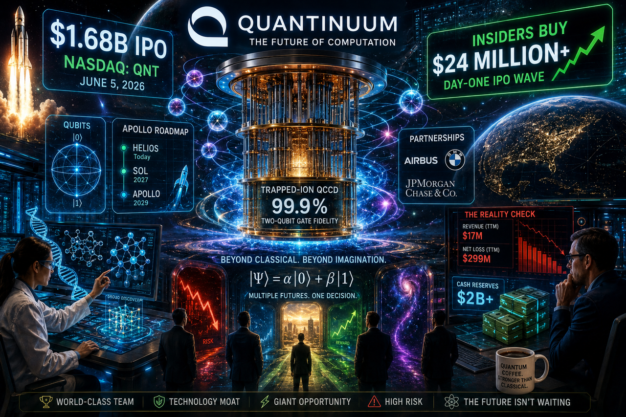 Futuristic illustration of Quantinuum's quantum computing platform featuring trapped-ion qubits, AI holograms, stock charts, and multiple timelines symbolizing the enormous opportunities and uncertainties of quantum investing.