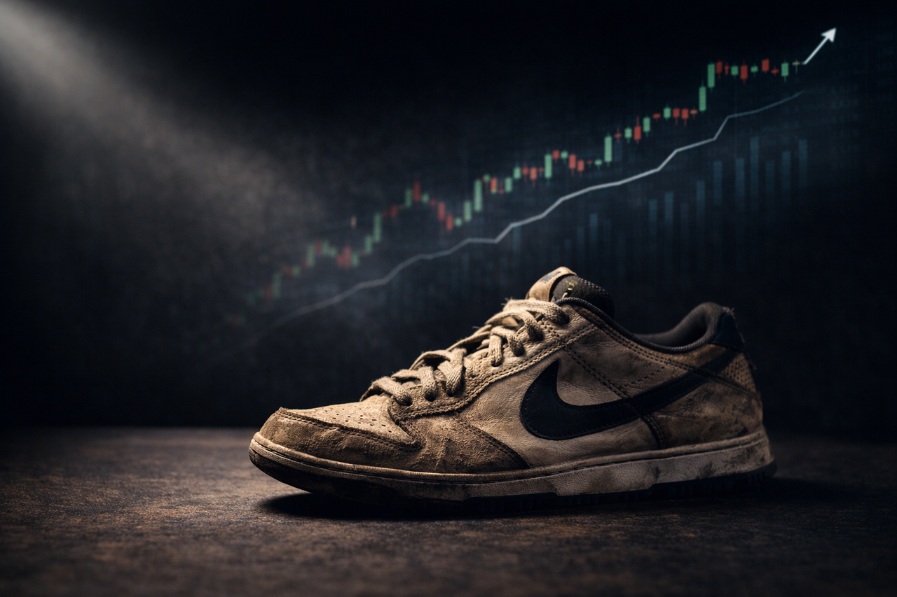 Worn Nike sneaker under spotlight with rising stock chart in background symbolizing a potential turnaround investment