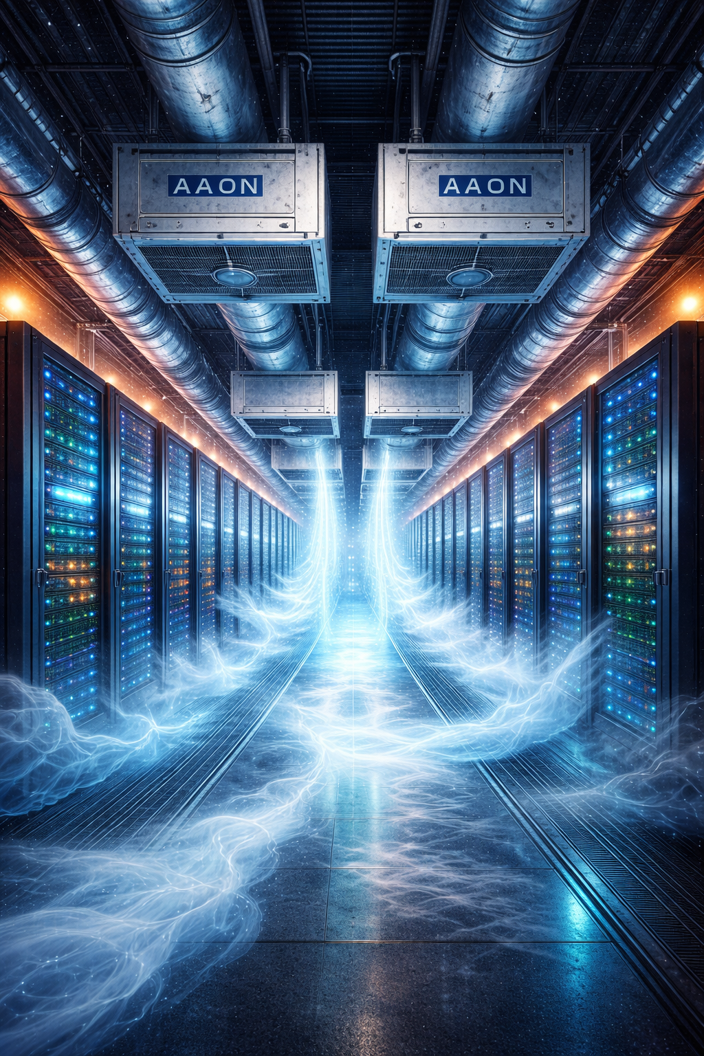 Stylized illustration of a modern data center with glowing server racks cooled by industrial HVAC systems, icy airflow moving through metallic ducts, symbolizing AAON’s role in AI and data-center cooling infrastructure.