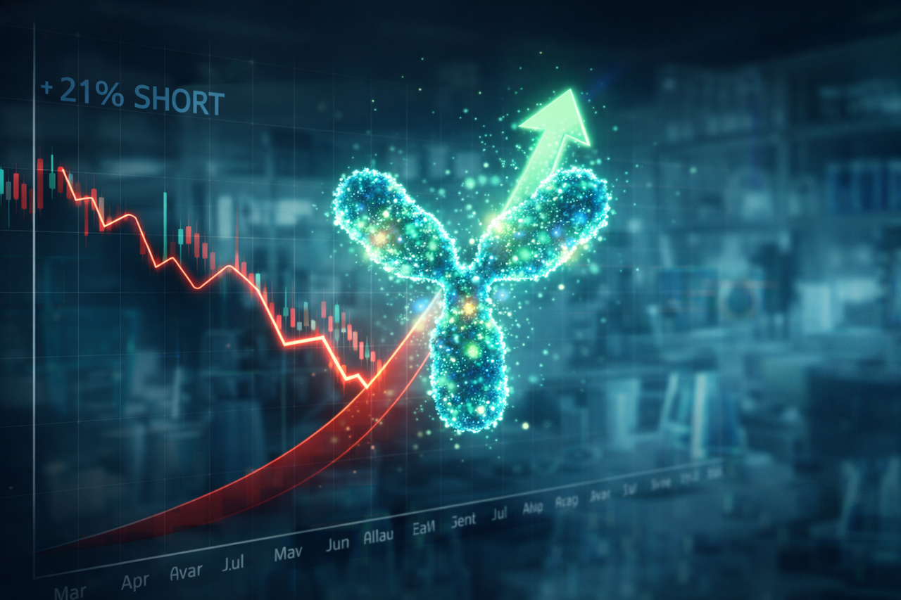 Illustration of an antibody molecule breaking through a descending stock chart, symbolizing AbCellera’s biotech turnaround and short squeeze potential.