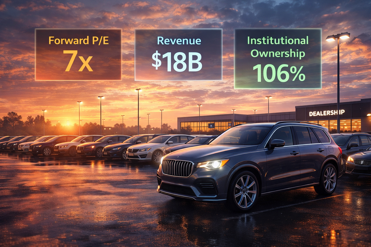 Illustration of a car dealership lot at sunset with a luxury SUV in the foreground and financial indicators floating above the cars, symbolizing undervalued automotive retail stocks and insider buying.