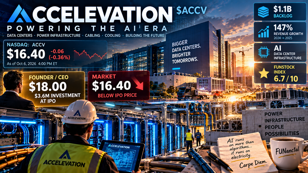 Accelevation ACCV stock illustration showing AI data-center infrastructure, $1.1B backlog and the CEO investing $3.6M at the $18 IPO price.