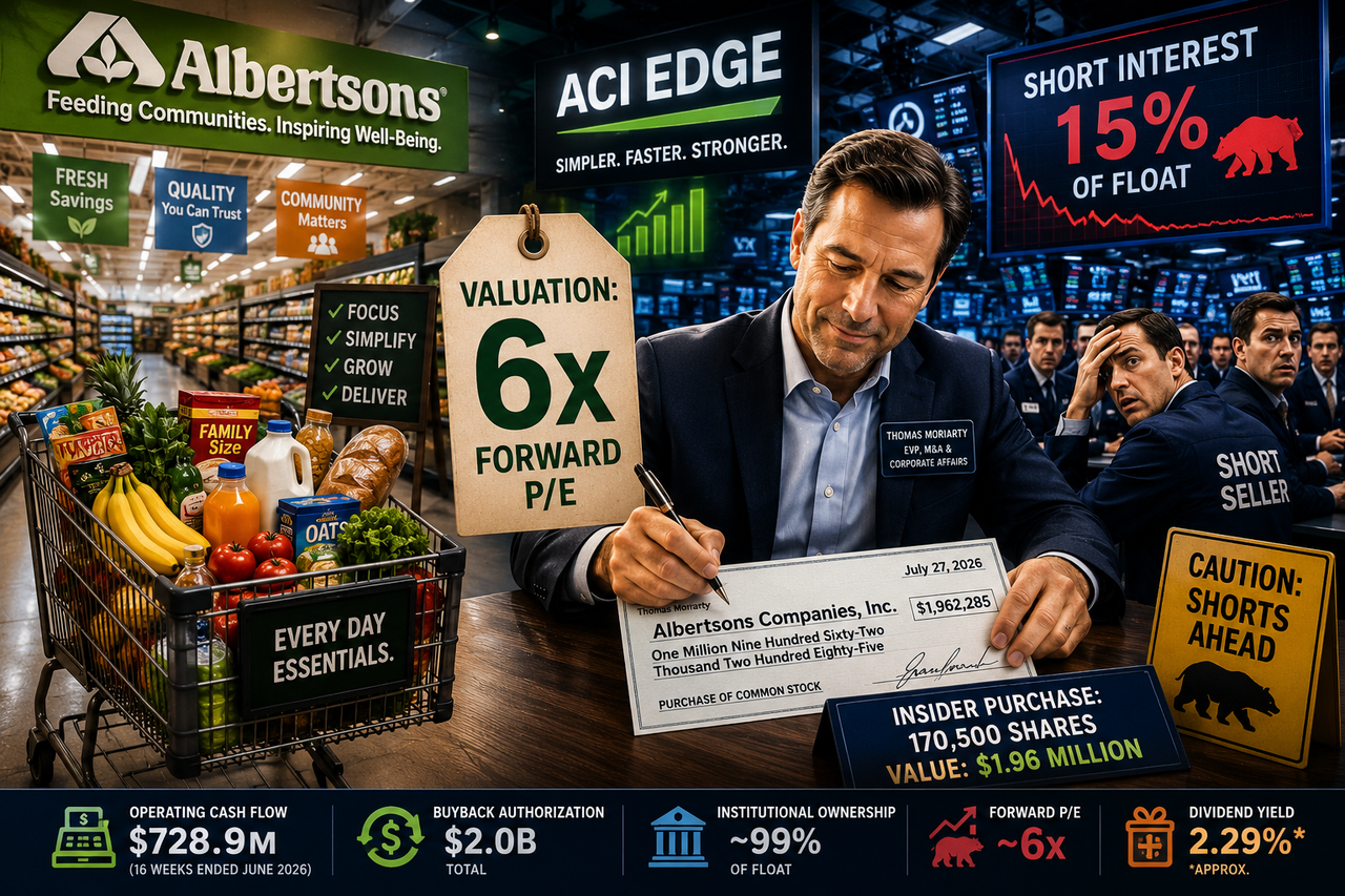 A modern supermarket aisle transforms into a Wall Street trading floor. A shopping cart overflowing with groceries rolls toward a giant price tag reading 
