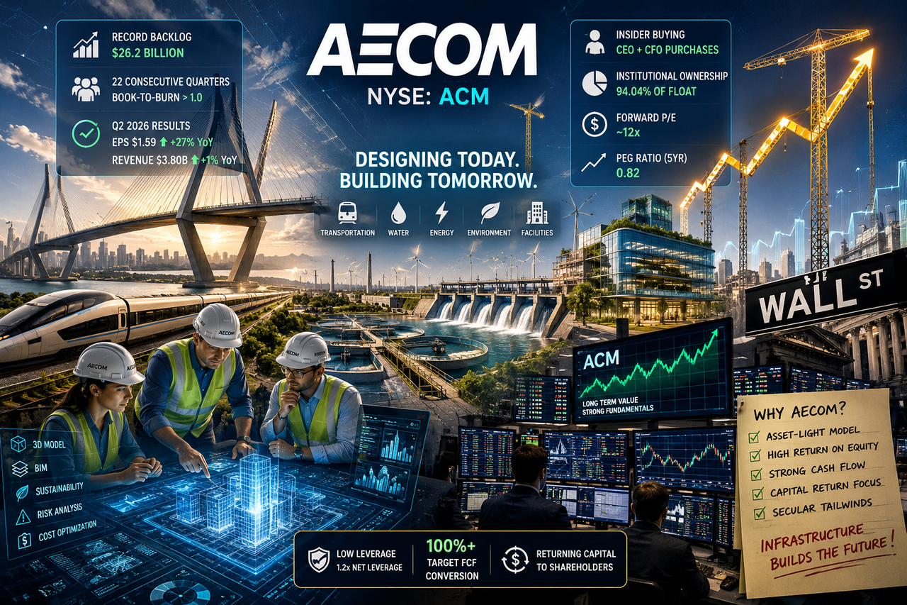 Illustration of AECOM as a global infrastructure powerhouse featuring engineers reviewing futuristic digital blueprints, giant bridges, cranes forming bullish stock chart patterns, and Wall Street-style overlays symbolizing record backlog growth.