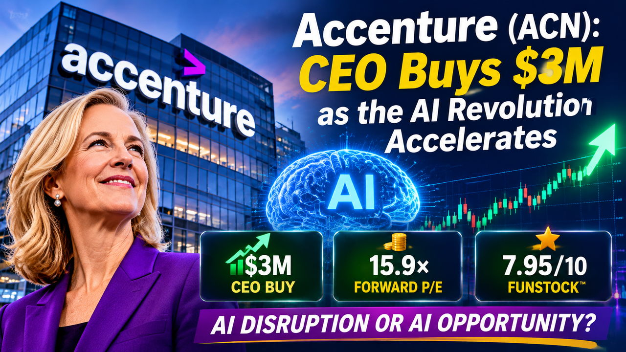 Accenture (ACN) stock analysis illustrating a $3M CEO share purchase, enterprise AI growth, 15.9× forward P/E and FunStock rating of 7.95/10.