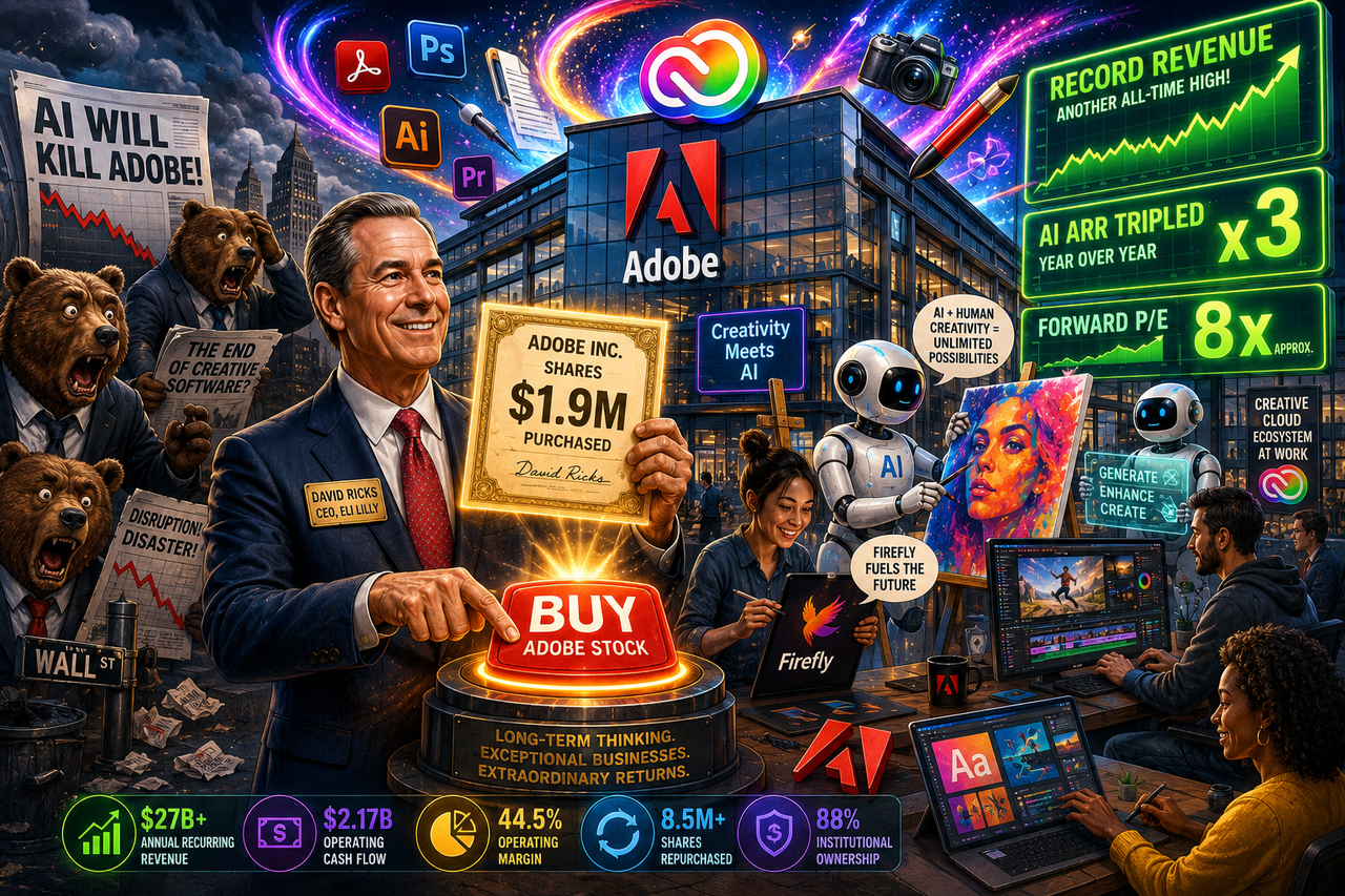 An illustration of Adobe's headquarters transformed into a futuristic creative studio. A confident businessman resembling Eli Lilly CEO David Ricks enthusiastically purchases giant glowing Adobe shares while smiling AI robots help artists create.