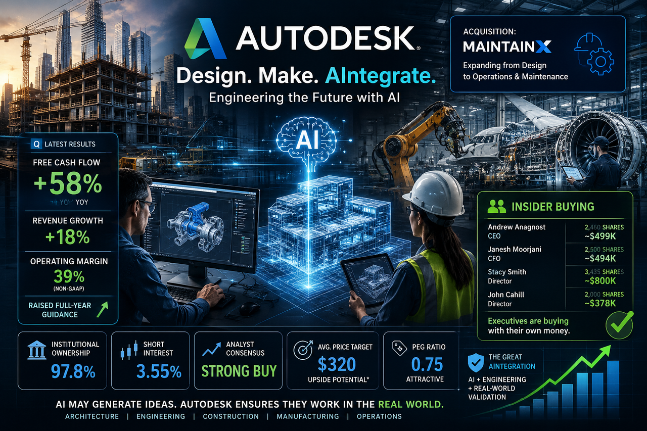 Illustration of Autodesk's industrial AI ecosystem with AutoCAD blueprints, engineers reviewing AI-assisted 3D designs, upward free cash flow chart, insider buying icons, and futuristic city construction.