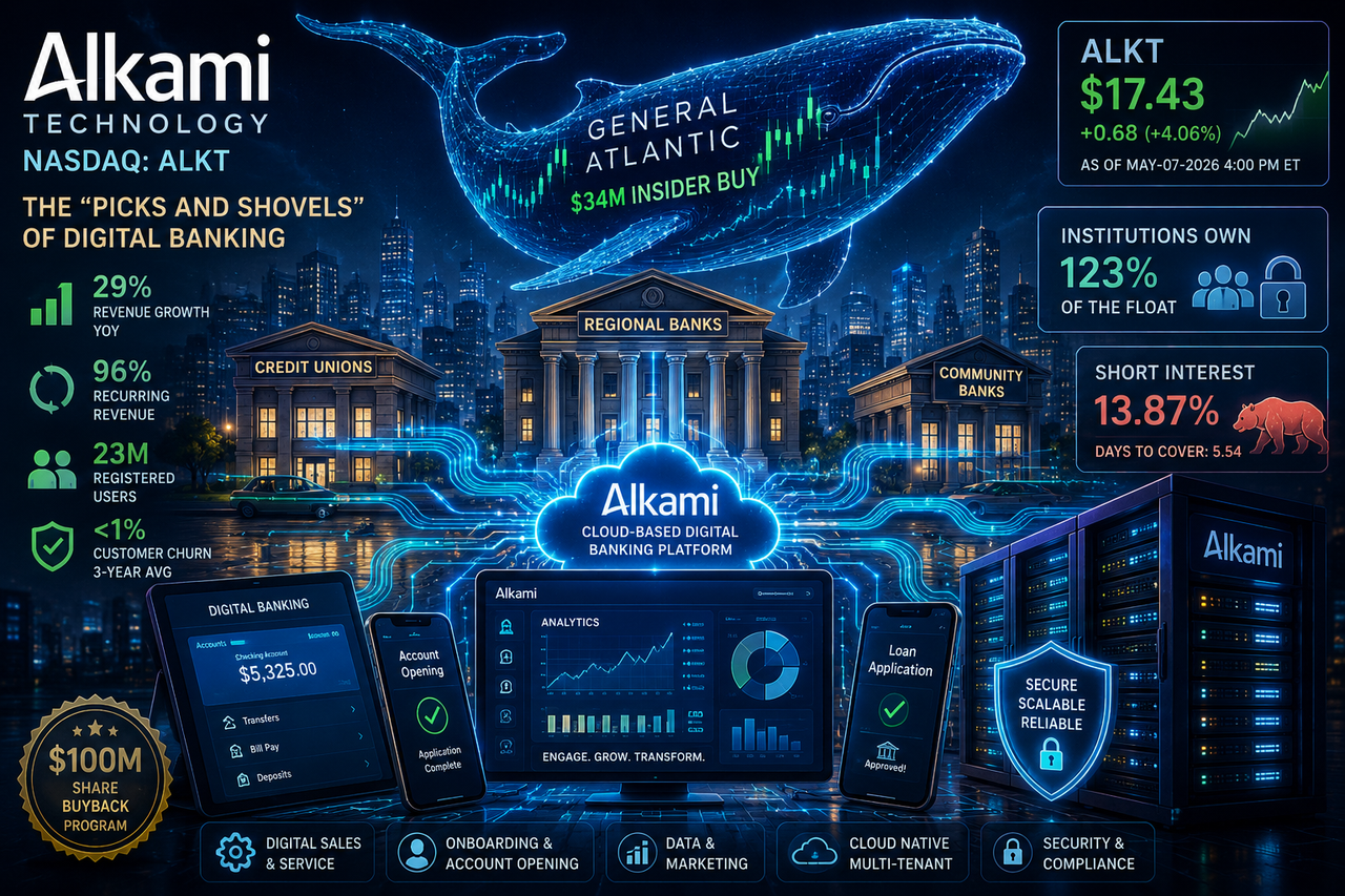 Digital banking illustration showing infrastructure powering regional banks and credit unions, with glowing dashboards, fintech data pipelines, and a whale-shaped stock chart symbolizing General Atlantic’s insider investment in Alkami Technology (ALKT).