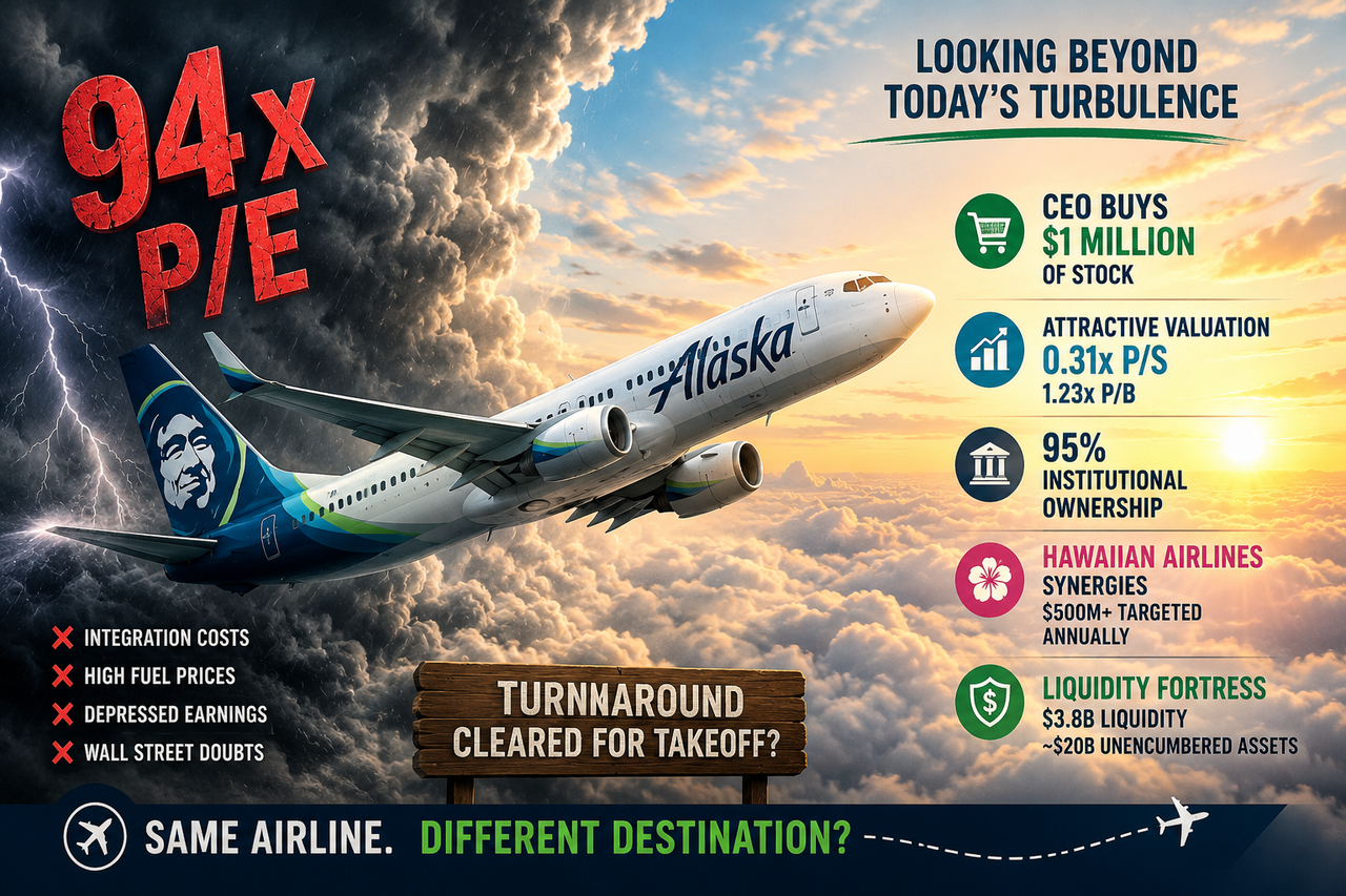 Alaska Air airplane climbing above storm clouds illustrating stock turnaround potential, CEO insider buying, valuation opportunity, and Hawaiian Airlines merger synergies.