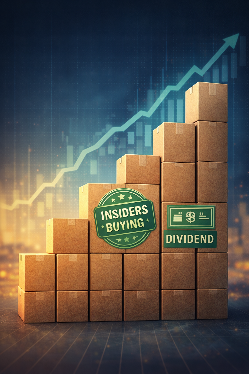 Illustration of stacked packaging boxes forming an upward stock chart, symbolizing insider buying, dividends, and value investing in Amcor stock.