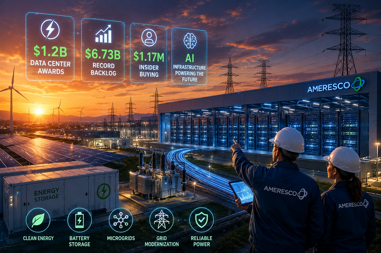 Illustration depicting a modern AI data center powered by advanced electrical infrastructure, renewable energy assets, transmission systems, battery storage, and microgrids, highlighting Ameresco's role in supporting artificial intelligence growth.