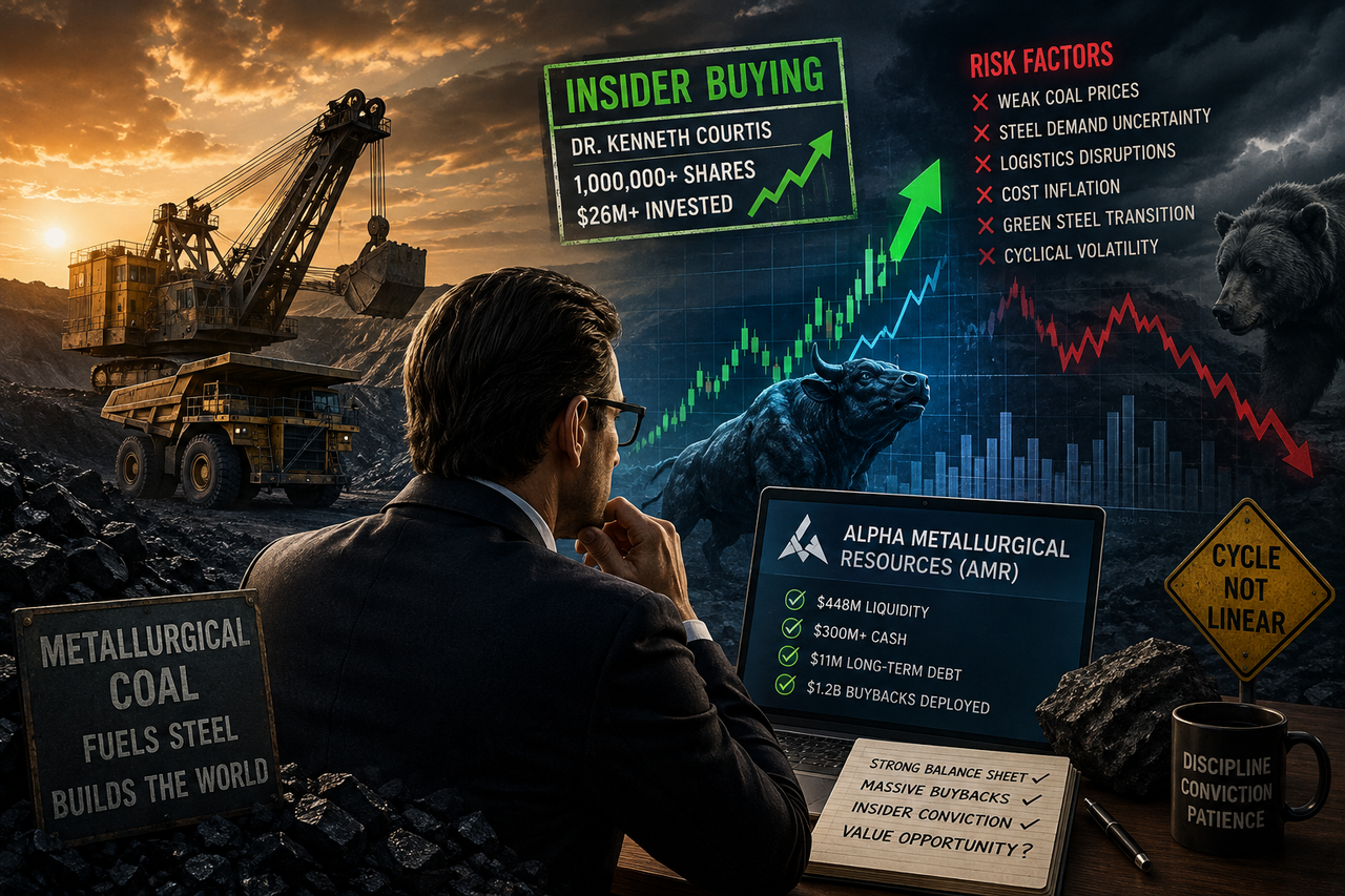 Illustration of a coal mine with a confident investor studying charts while bullish insider buying collides with bearish market forces, highlighting Alpha Metallurgical Resources (AMR) stock analysis and commodity investing risk.