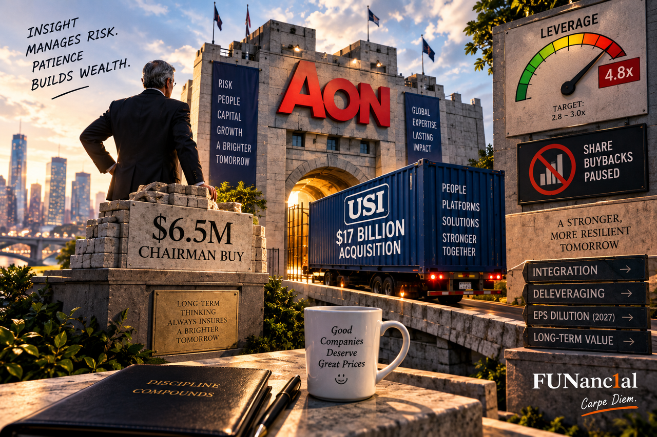 Aon stock illustration showing a $6.5M chairman buy against the $17B USI acquisition, rising leverage and paused share buybacks.