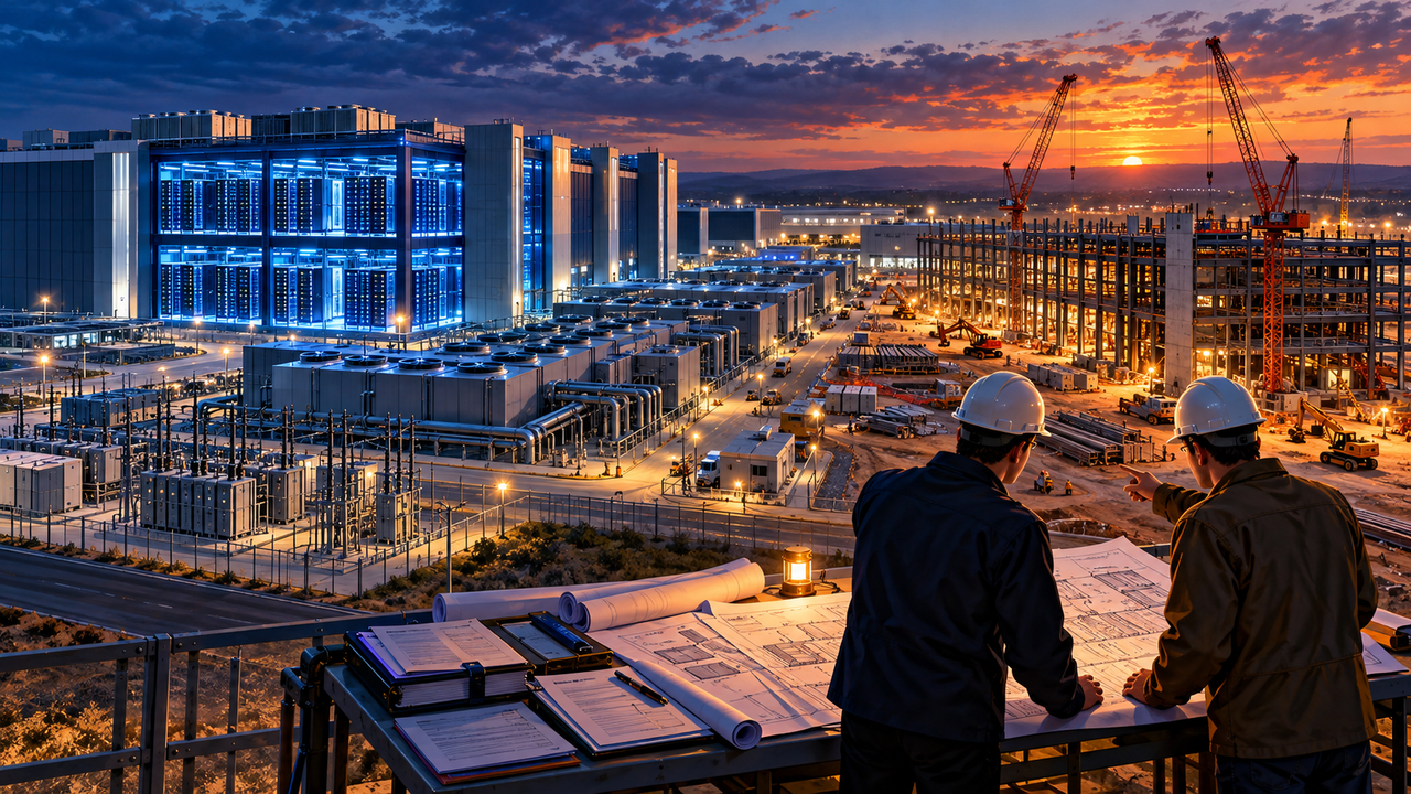 Editorial illustration of an operating AI data center beside a construction site, with two executives reviewing plans, symbolizing Applied Digital’s insider buying and financing demands.