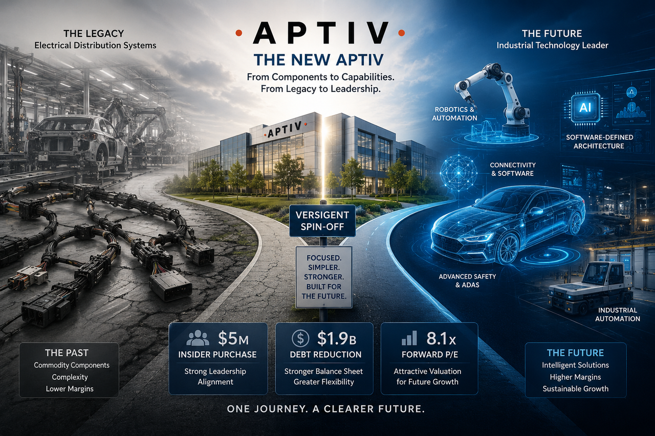 Illustration depicting Aptiv's transformation following the Versigent spin-off, contrasting a legacy automotive components business with a modern industrial technology firm focused on software and robotics, alongside references to value creation.