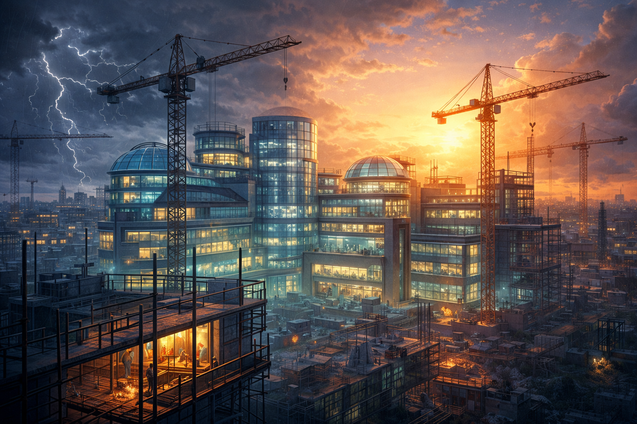 Illustration of a futuristic life science research campus under reconstruction, with cranes and glowing laboratory buildings, symbolizing Alexandria Real Estate’s turnaround in biotech real estate.