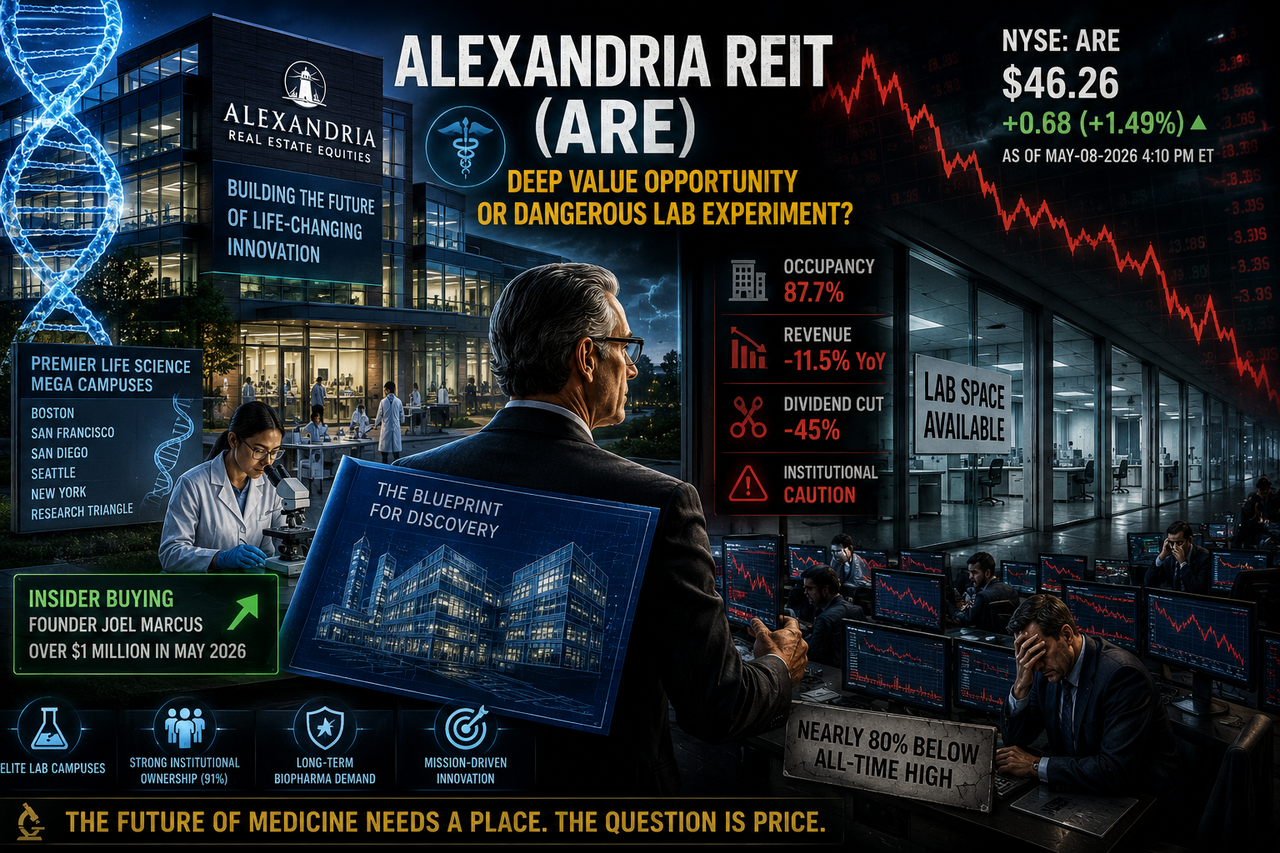 Illustration of Alexandria Real Estate Equities as a futuristic biotech REIT, showing modern lab campuses contrasted against falling stock charts and empty lab space, symbolizing the debate between deep-value opportunity and financial trap