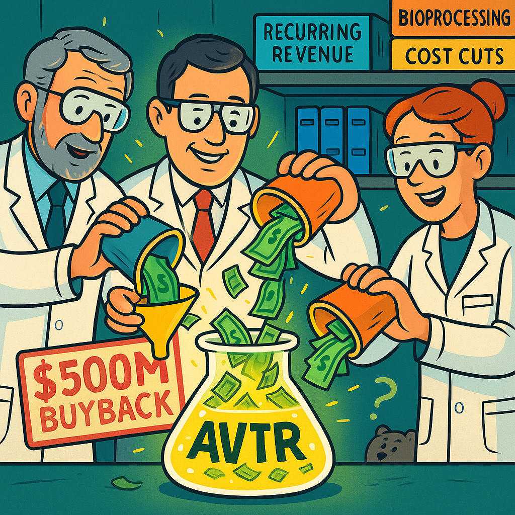 Cartoon lab scene: Avantor insiders and CEO pour cash into a glowing AVTR beaker.