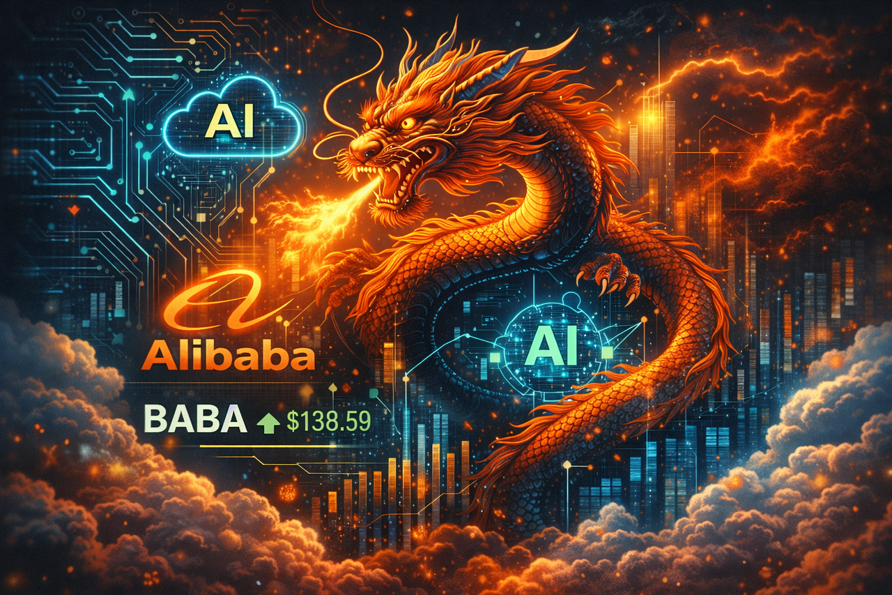 A stylized Chinese dragon rising from a financial chart with glowing AI circuitry patterns, surrounded by cloud computing icons and stock tickers, symbolizing Alibaba’s fusion of technology, valuation recovery, and geopolitical risk.