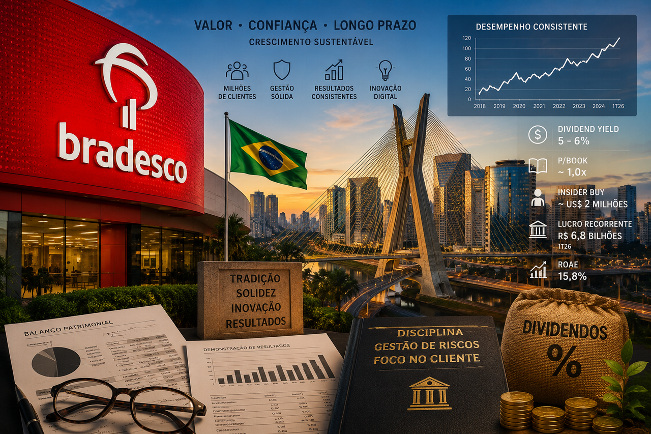 Editorial illustration of Banco Bradesco's iconic red branding overlooking São Paulo's skyline, with financial charts, dividend symbols, and subtle Brazilian motifs representing value investing, insider buying, and long-term wealth creation.