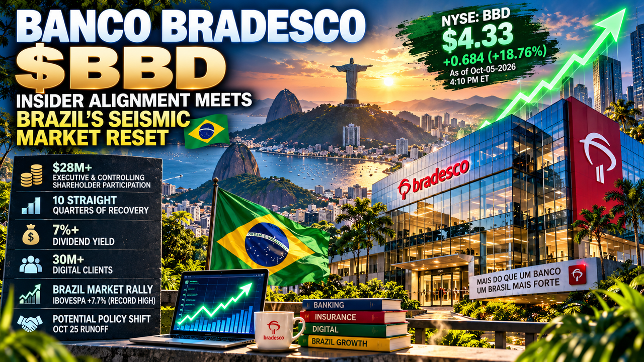 Banco Bradesco BBD stock surges 18.8% amid Brazil’s market rally, with Rio, the Brazilian flag and Bradesco banking imagery.