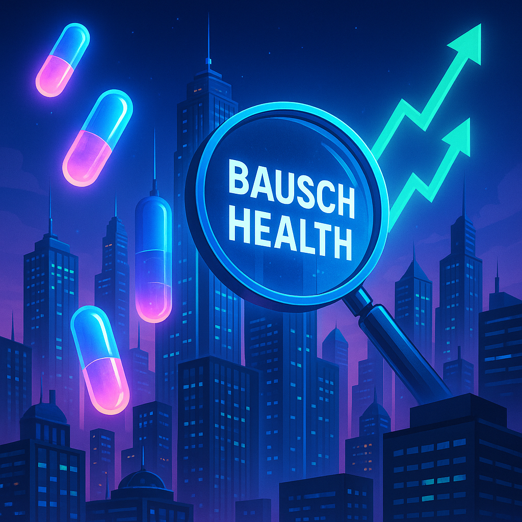Futuristic medical-pharma cityscape with glowing capsules, rising stock arrows, and a giant magnifying glass over Bausch Health, symbolizing deep-value investing and insider buying.