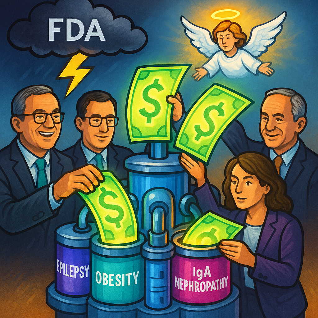 Colorful illustration of Biohaven’s CEO and directors dropping glowing dollar bills into a three-chamber biotech machine labeled ‘Epilepsy,’ ‘Obesity,’ and ‘IgA Nephropathy,’ while an FDA storm cloud hovers overhead but an angel floats above the pipeline.