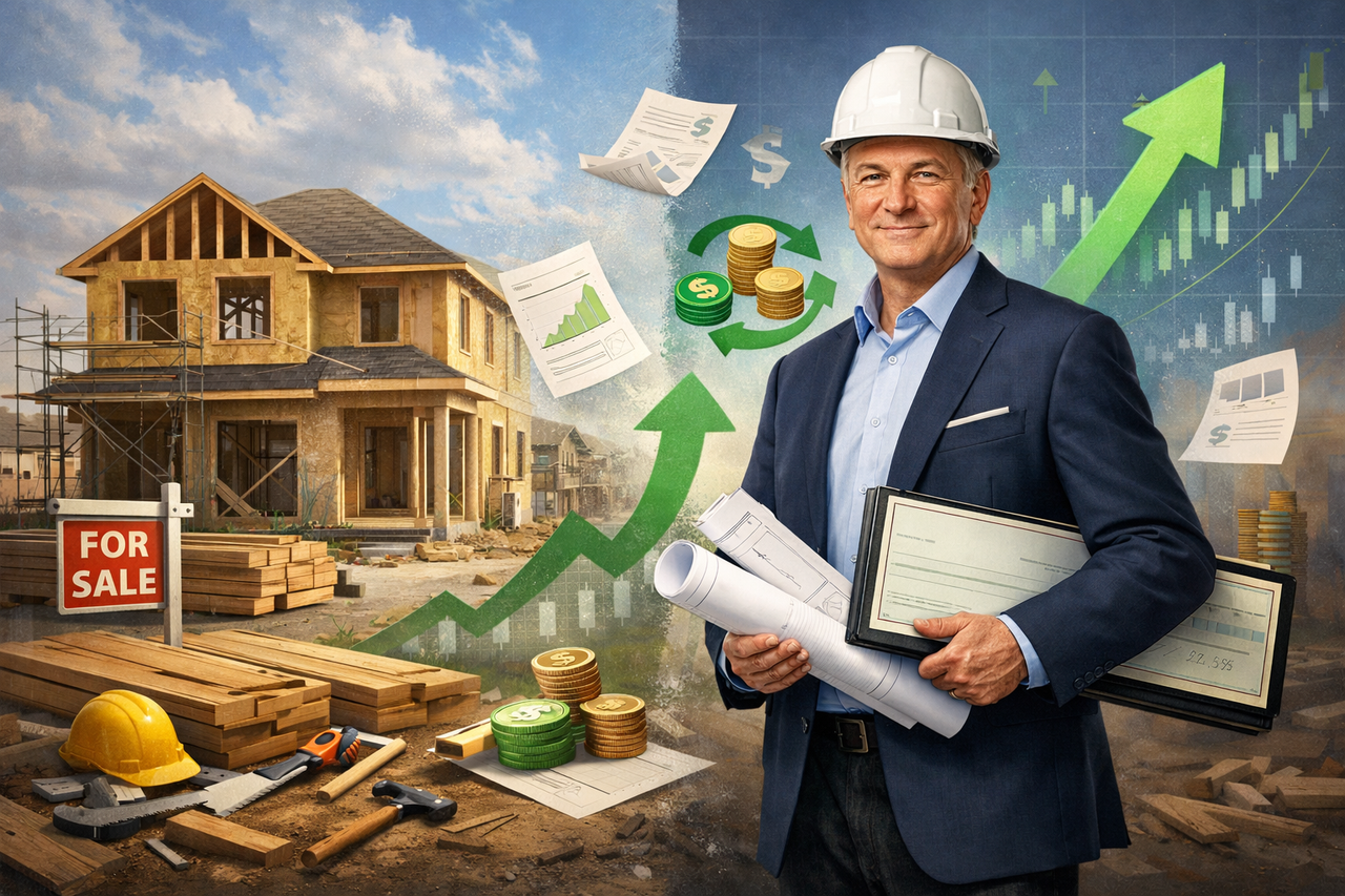 illustration of Builders FirstSource as a housing recovery stock, featuring a partially built house, a confident investor, and subtle rising stock chart elements symbolizing insider buying, buybacks, and long-term rebound potential.