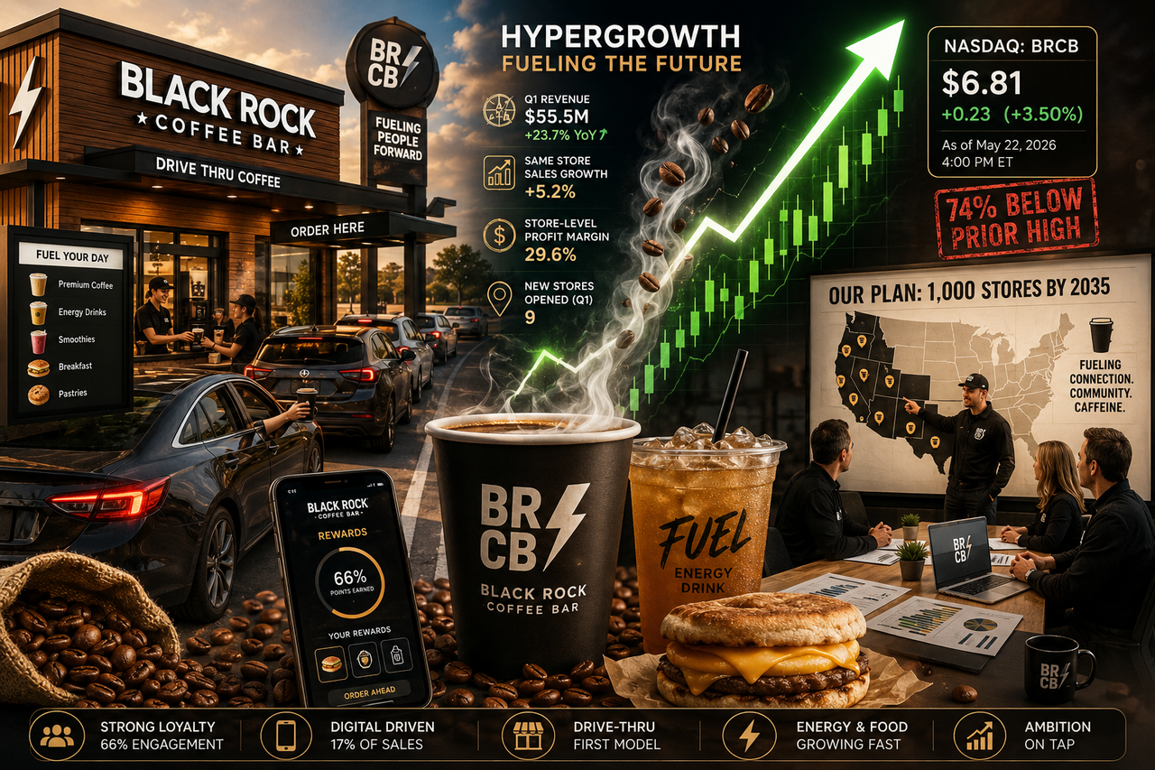 Illustration of a fast-growing drive-thru coffee chain featuring sleek modern coffee bars, customers lined up for espresso, glowing stock charts, and coffee beans transforming into bullish financial arrows symbolizing Black Rock Coffee Bar’s fast growth.