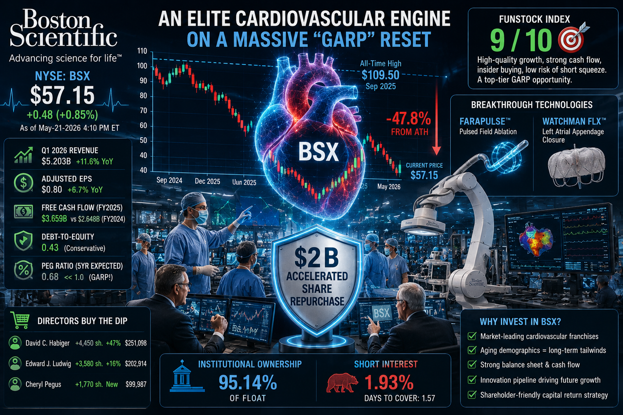 Cinematic illustration of Boston Scientific as a futuristic medtech powerhouse, with glowing cardiovascular devices, a heart-shaped stock chart, doctors, investors, and a $2B buyback shield symbolizing healthcare innovation and a GARP stock opportunity.