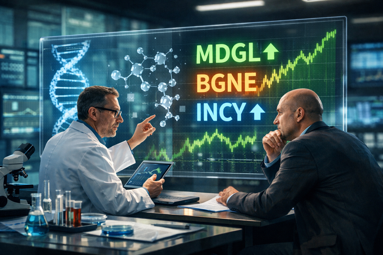 Editorial illustration of scientist-investors analyzing biotech data with glowing tickers MDGL, BGNE, and INCY, representing Baker Bros’ science-driven investing strategy.