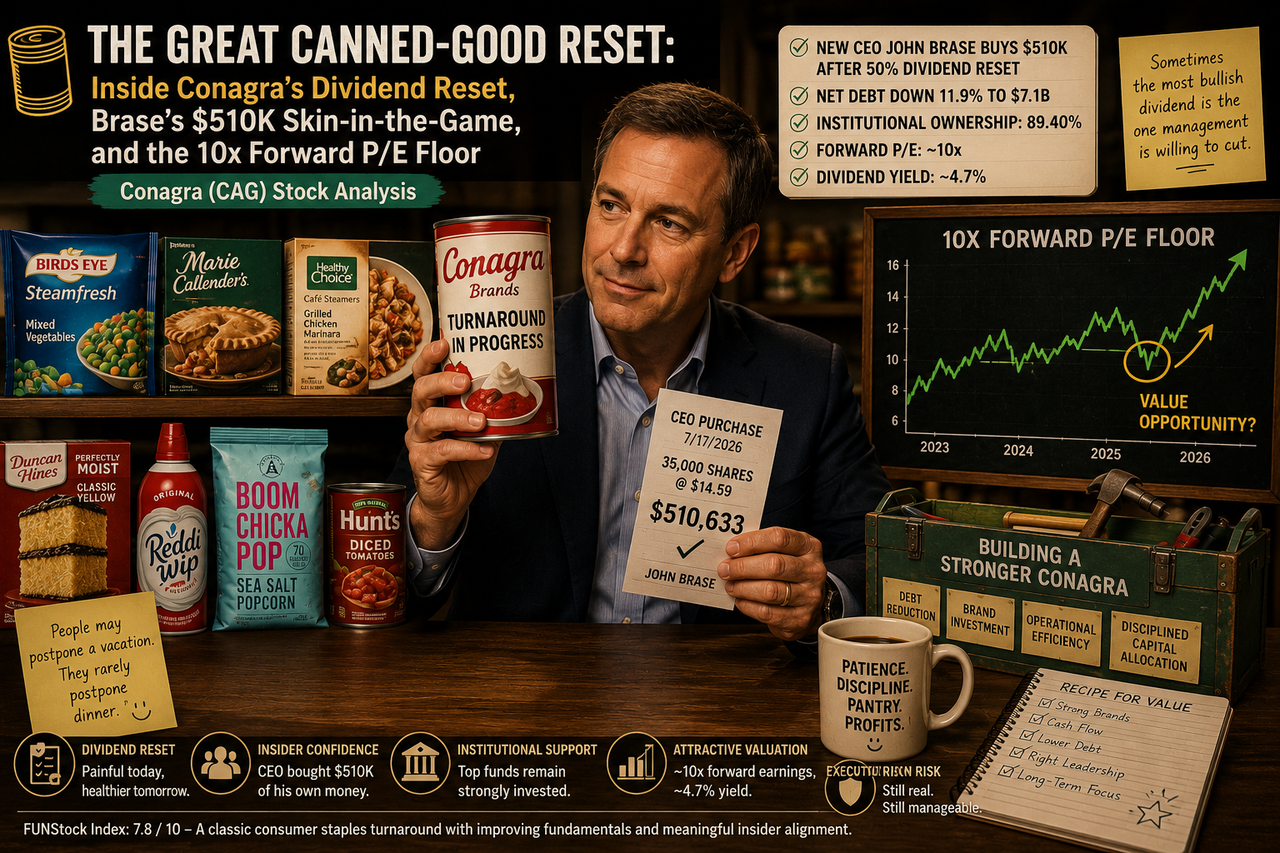 Illustration symbolizing Conagra's turnaround, featuring a pantry stocked with everyday food staples alongside financial symbols representing insider buying, debt reduction, dividend sustainability, and long-term value investing.