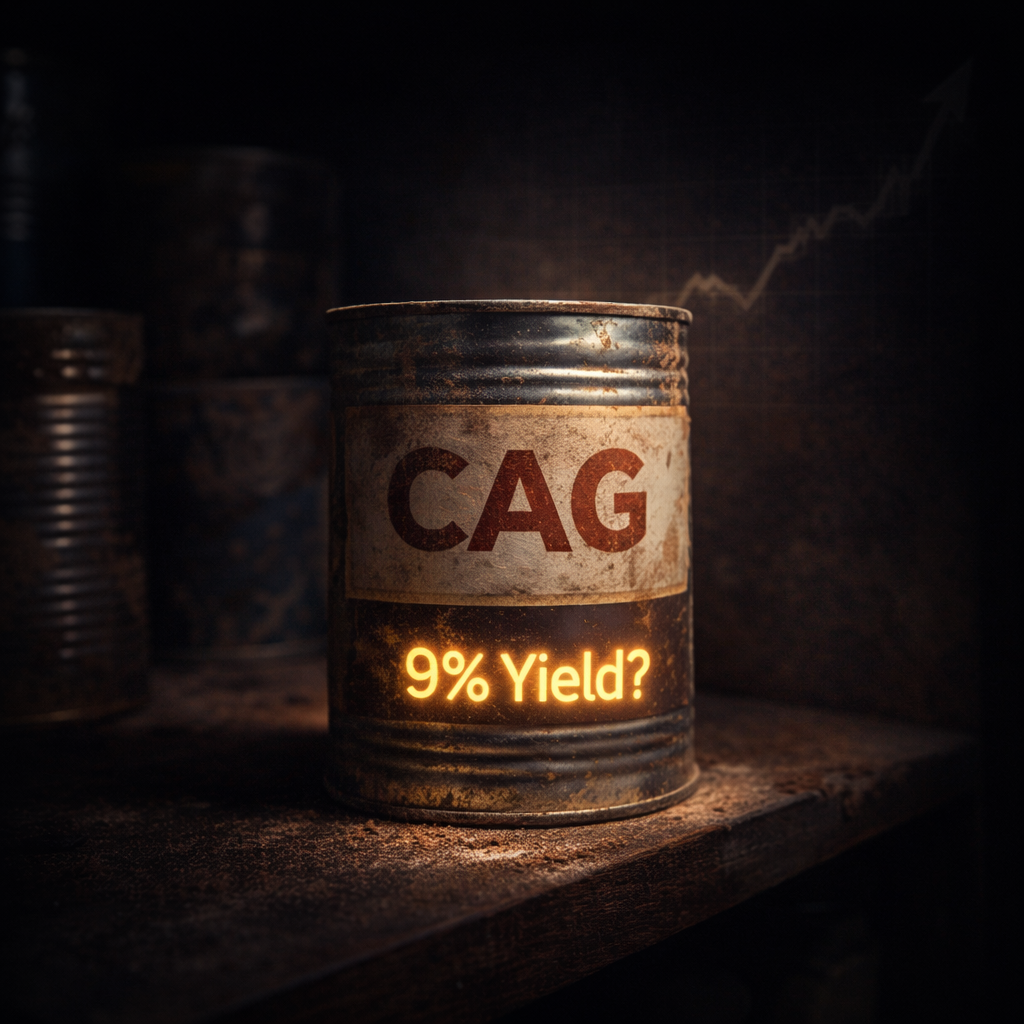 Dusty canned food labeled CAG in a dark pantry with a faint rising stock chart in the background symbolizing a deep value investment opportunity