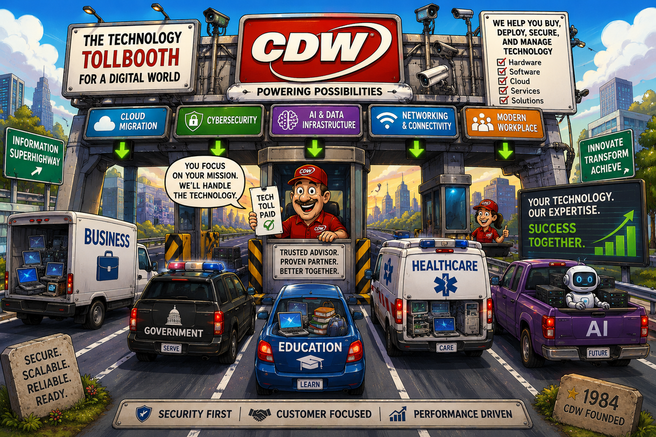 Illustration of a digital tollbooth standing on the Information Superhighway. Businesses, schools, and government agencies drive cloud servers, laptops, and AI robots through the toll plaza while CDW operators collect technology tolls.