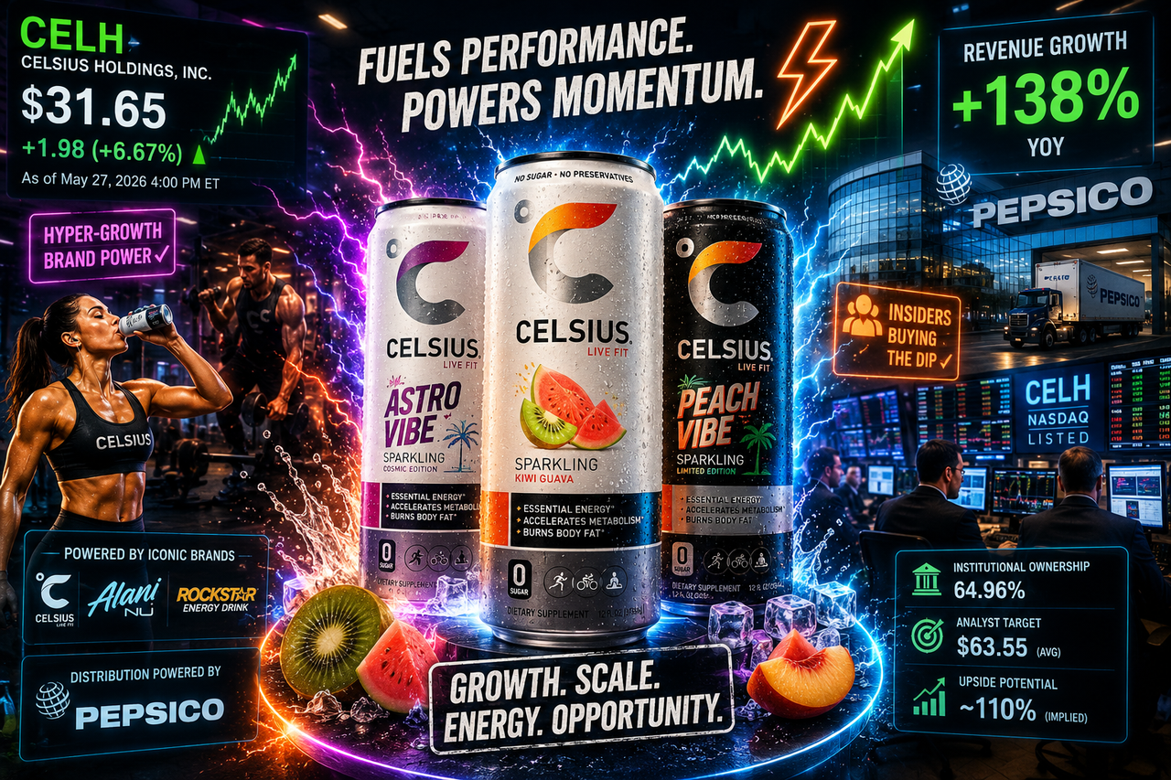 Illustration of futuristic Celsius energy drink cans glowing with electric neon colors inside a high-performance trading floor and fitness environment hybrid, surrounded by rising stock charts, athletes, institutional investors, and explosive energy waves