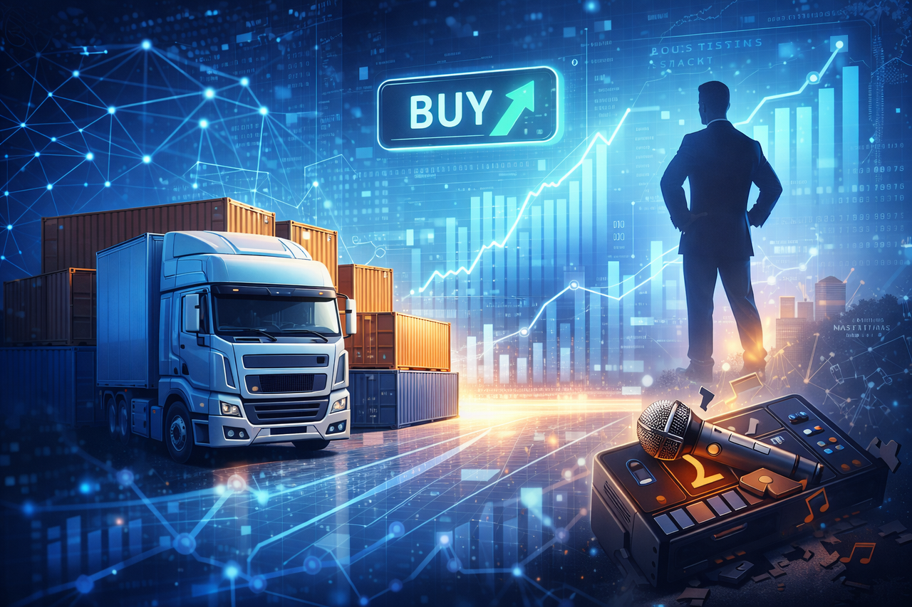 Digital illustration of a modern logistics network with a freight truck, AI data overlays, and a small broken karaoke machine symbolizing the CHRW ‘karaoke crash’ and insider buy-the-dip moment in 2026.