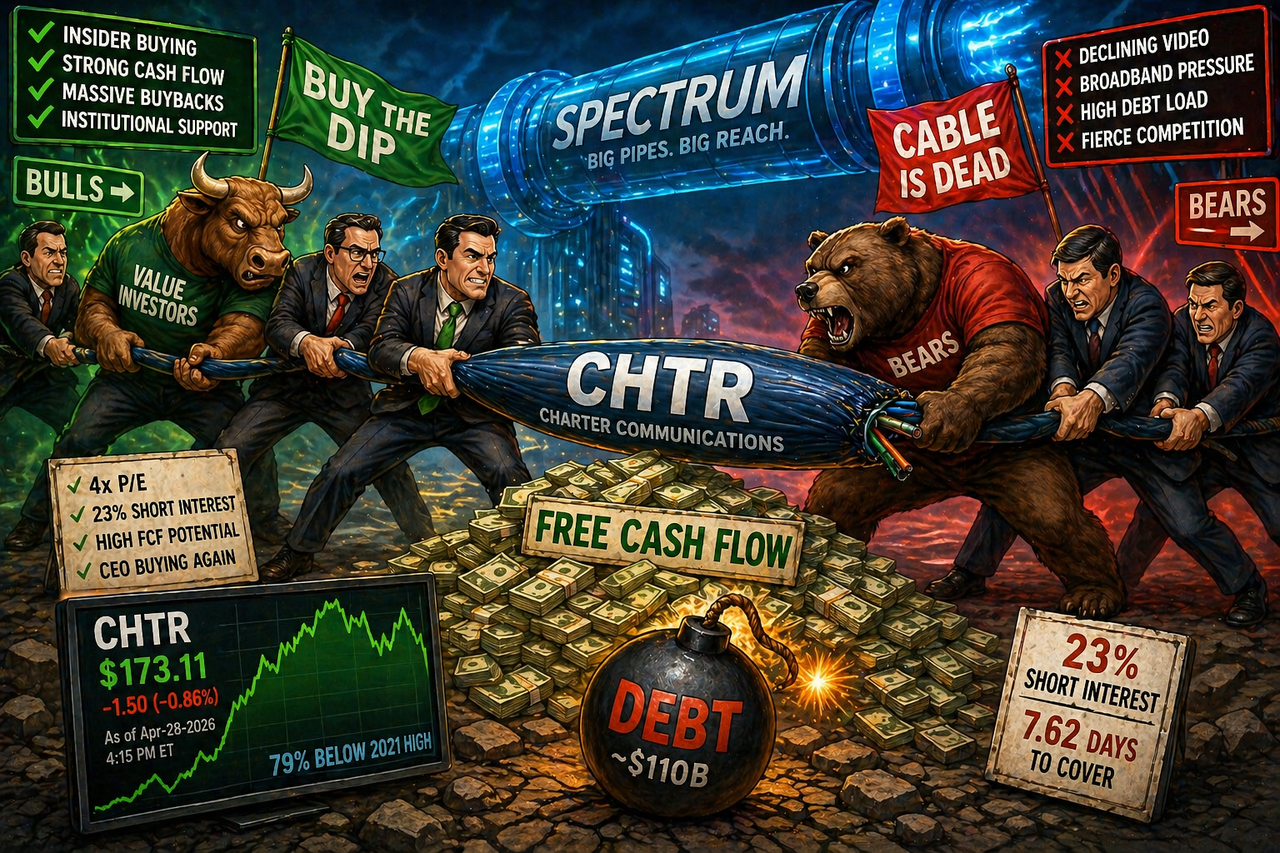 Illustration of bulls and bears in a tug-of-war over a cable labeled CHTR, symbolizing Charter Communications stock battle between value investors and short sellers.