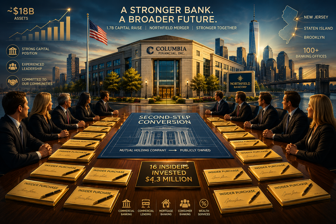 Illustration of Columbia Financial's historic second-step conversion showing executives gathered around a boardroom table with symbolic insider purchases, surrounded by banking imagery, financial charts, and a modern regional bank