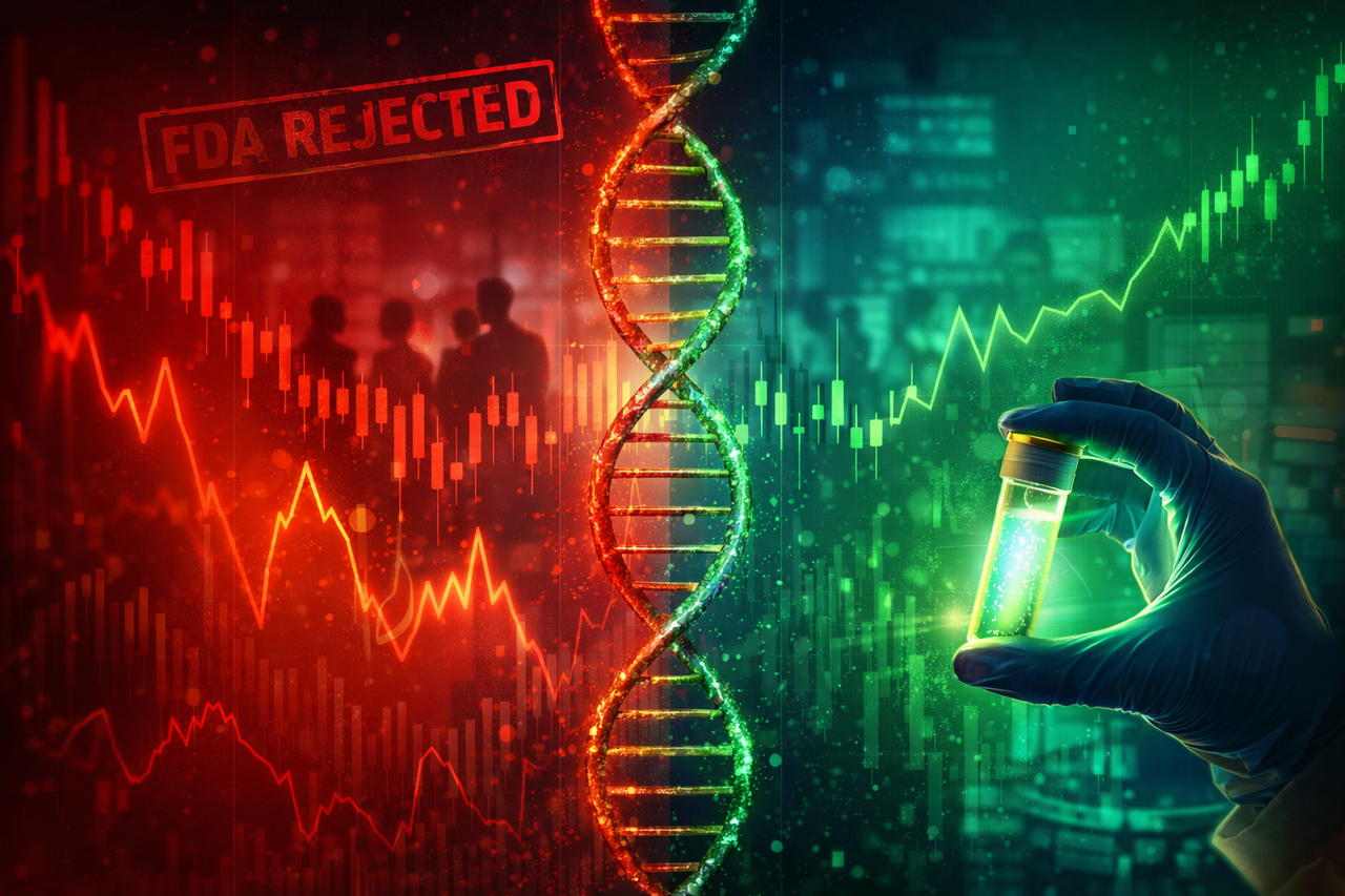 Split image showing Corcept Therapeutics stock volatility: one side with a red falling chart and FDA rejection stamp, the other with a green rising chart and glowing biotech lab vial, symbolizing high-risk, high-reward biotech investing.